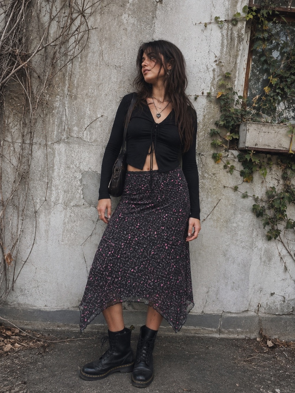 Y2K Grunge Fairy Hanky Hem Asymmetrical Floral Maxi Skirt with Mesh Overlay XS